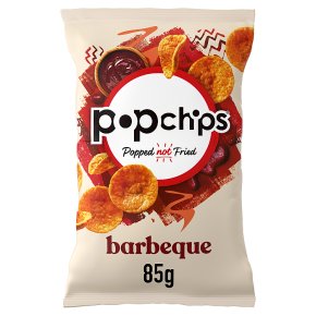 A bag of Popchips barbeque potato chips 8x85g, emphasizing the chips are popped not fried, with vibrant chip and sauce graphics.
