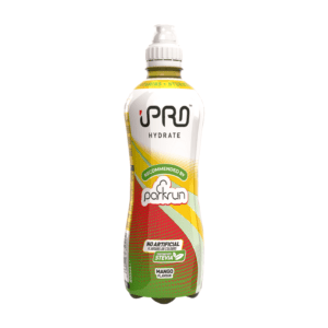 A pack of iPRO Hydrate parkrun Edition sports drink, Mango flavor, labeled with 'no artificial sweeteners, stevia', and 'parkrun recommended'.