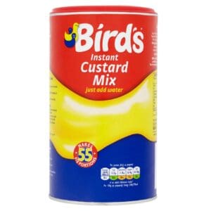 Bird's Instant Custard Mix 605g is displayed on a white background, with packaging that says "just add water" and features a yellow and red design.