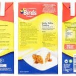 Three panels of Bird's Ready To Serve Custard 1kg box showing the front, nutritional information, and serving suggestions.