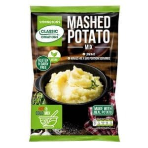 A package of Classic Creations Vegan Mash Potato Mix 2kg, highlighting low fat, gluten and dairy free attributes, and suitable for hot or cold mix.