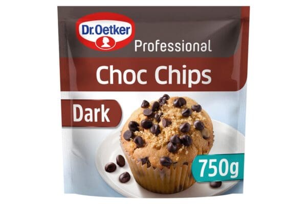 A packet of Dr Oetker Professional Dark Chocolate Chips 50% 750g, with a muffin sprinkled with Dr Oetker Professional Dark Chocolate Chips 50% 750g on a plate.