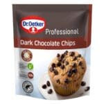 Package of Dr Oetker Professional Dark Chocolate Chips 50% 750g, featuring a muffin topped with chocolate chips on the front.