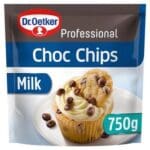 A package of Dr. Oetker Chocolate Chips Milk 750g, featuring an image of a cupcake decorated with chocolate chips.