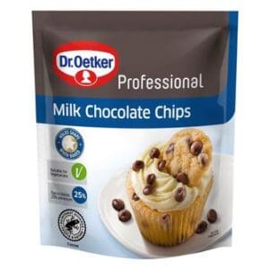 Package of Dr. Oetker Chocolate Chips Milk 750g featuring an image of a chocolate chip muffin on the front.