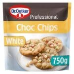 Package of Dr. Oetker Chocolate Chips White 750g, showing cookies with choc chips and sprinkles.