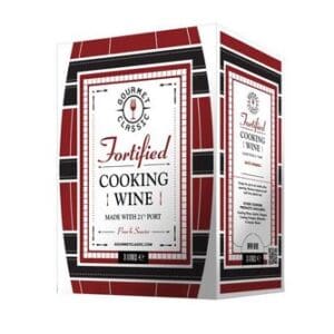 Two cartons of "Gourmet Classic Fortified Cooking Wine Made with Port 3 Litres," with a red and white vintage design, each containing 1 litre of wine made with port.