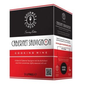 Box of Gourmet Classic Single Grape Cabernet Sauvignon Cooking Wine, featuring a black and red design and text detailing its use and website link.