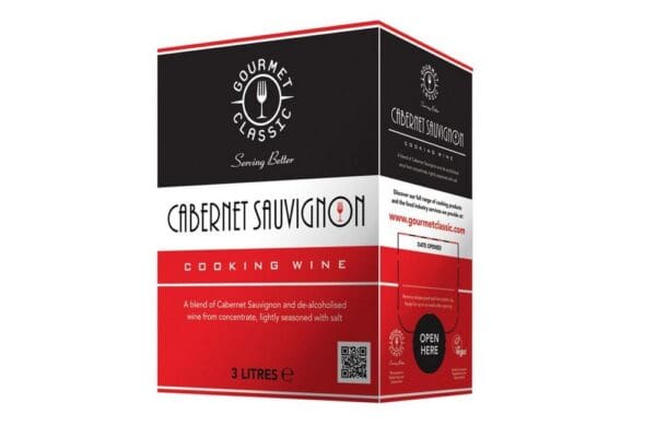 Box of Gourmet Classic Single Grape Cabernet Sauvignon Cooking Wine, featuring a black and red design and text detailing its use and website link.