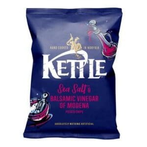 A bag of Kettle Chips Sea Salt & Balsamic Vinegar 40g, featuring colorful illustrations.