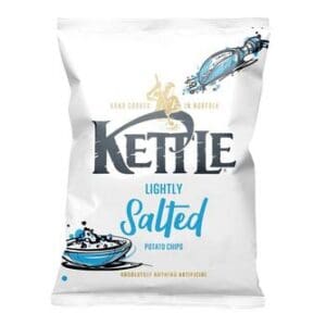 A bag of Kettle Chips Lightly Salted 40g potato chips, featuring a big wave and a surfer graphic.
