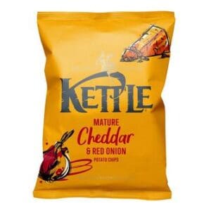 A yellow bag of Kettle Chips Mature Cheddar & Red Onion 40g potato chips.