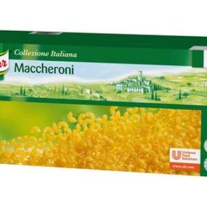 A box of Knorr Pasta Maccheroni 3kg, featuring a picture of macaroni noodles and an Italian landscape.