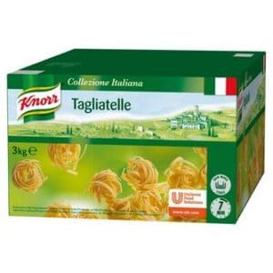 A box of Knorr Pasta Tagliatelle 3kg, showing images of the pasta and Italian countryside, weight labeled as 3 kg.