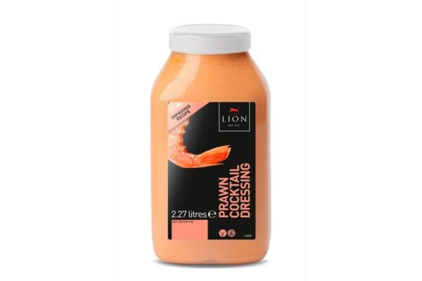 A bottle of Lion Prawn Cocktail Sauce 2.27L, against a white background, displaying a shrimp on the label.
