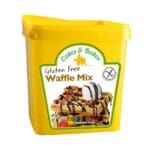 A yellow plastic tub of Middleton Foods Gluten Free Waffle Mix 3kg by Middleton Foods, featuring an image of waffles with syrup.