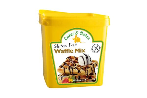 A yellow plastic tub of Middleton Foods Gluten Free Waffle Mix 3kg by Middleton Foods, featuring an image of waffles with syrup.