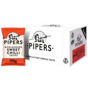 A package of Pipers Biggleswade Sweet Chilli Sharing Crisps 15x150g, beside its box marked with brand logos and product details.