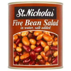 A can of St Nicholas Five Bean Salad with Sweetcorn & Vinegar in Salted Water 800g, featuring red and brown beans with sweetcorn and vinegar, displayed on the label.