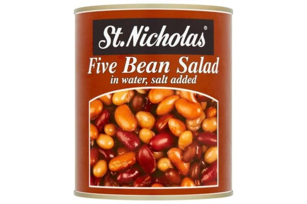 A can of St Nicholas Five Bean Salad with Sweetcorn & Vinegar in Salted Water 800g, featuring red and brown beans with sweetcorn and vinegar, displayed on the label.