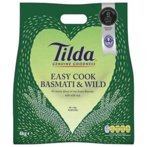 A package of Tilda Easy Cook Basmati & Wild Rice 4kg, displaying cooking instructions and health certifications.