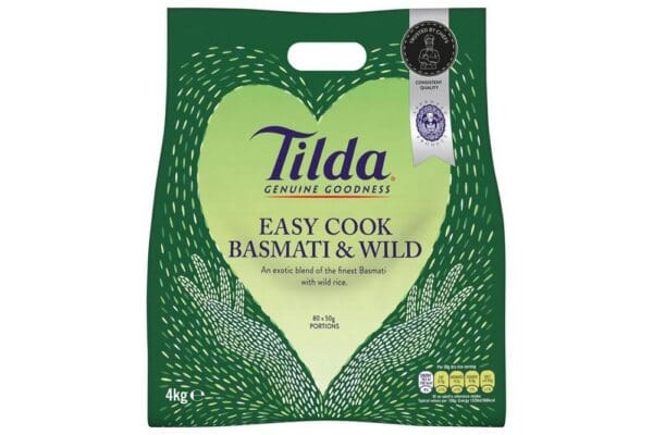 A package of Tilda Easy Cook Basmati & Wild Rice 4kg, displaying cooking instructions and health certifications.