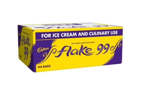 A box of Cadbury Flake 99 Bars 144x8.25g, containing 144 items, labeled for ice cream and culinary use, in purple and yellow packaging.