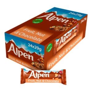 A pack of Alpen Cereal Bar Fruit & Nut with Milk Chocolate Single 24x29g, displayed on a white background.
