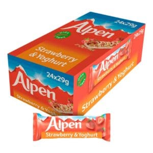 A box of Alpen Cereal Bar Strawberry & Yoghurt Single 24x29g, containing 24 bars, displayed against a plain background.