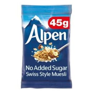 A package of Alpen No Added Sugar Muesli Sachets 30x45g, featuring an image of a spoonful of muesli with mountains in the background.