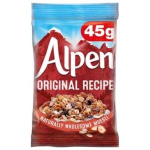 Packaging of Alpen Muesli Original Sachets 30 x 45g, featuring an image of the cereal with a mountain backdrop.