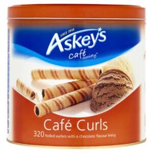 Tin of Askeys Chocolate Cafe Curls (320 Pack) featuring rolled wafers with chocolate flavor lining, displayed against a white background.