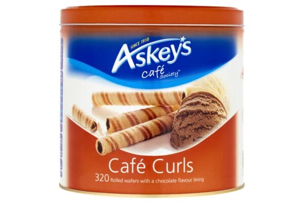 Tin of Askeys Chocolate Cafe Curls (320 Pack) featuring rolled wafers with chocolate flavor lining, displayed against a white background.