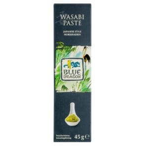 A package of Blue Dragon Wasabi Paste 45g in a box, depicted with an image of the product alongside bamboo and a crane illustration.