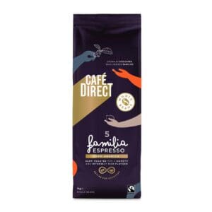 A package of Cafédirect Fairtrade Familia Espresso Beans 1Kg, featuring a modern design with navy, gold, and orange colors, and symbols of a bee and a coffee cup.