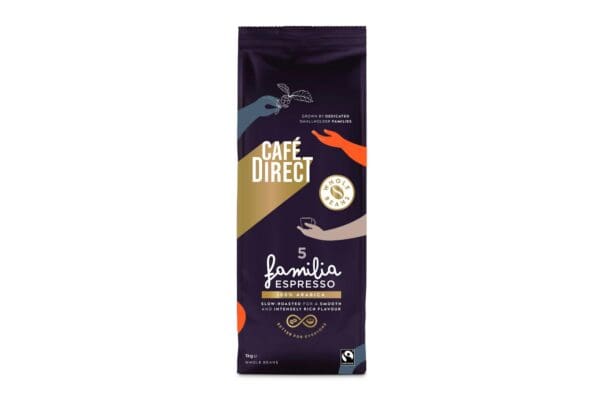 A package of Cafédirect Fairtrade Familia Espresso Beans 1Kg, featuring a modern design with navy, gold, and orange colors, and symbols of a bee and a coffee cup.