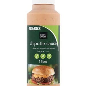 A bottle of Chef's Larder Chipotle Sauce 1 Litre labeled "made with smoked chili peppers" featuring an image of a hamburger.