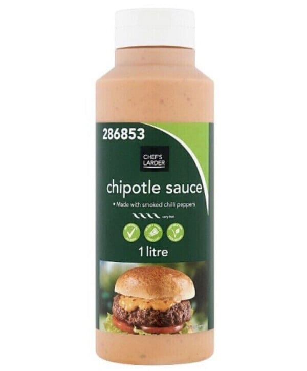 A bottle of Chef's Larder Chipotle Sauce 1 Litre labeled "made with smoked chili peppers" featuring an image of a hamburger.