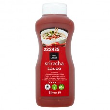Bottle of Chef's Larder Sriracha Sauce 1 Litre labeled in red and white with a 1-liter volume indication, displaying vegan and gluten-free icons.