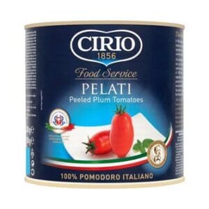 A case of Cirio Pelati Peeled Plum Tomatoes 6 x 2.5kg with product details and logos on a white background.