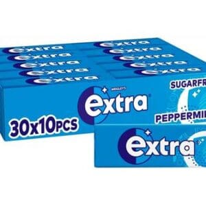 A pack of Wrigley's Extra Peppermint Sugarfree Chewing Gum 30x10 Pieces, containing 30 smaller packs of 10 pieces each.