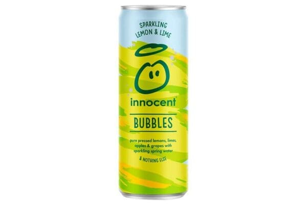A pack of Innocent Bubbles Lemon and Lime 12x330ml sparkling drink featuring the brand logo and a smiling lemon illustration on a vibrant yellow background.