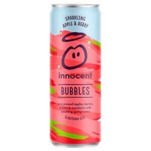 A case of Innocent Bubbles Sparkling Apple & Berry 12x330ml drink with a pink and green design featuring the brand logo.
