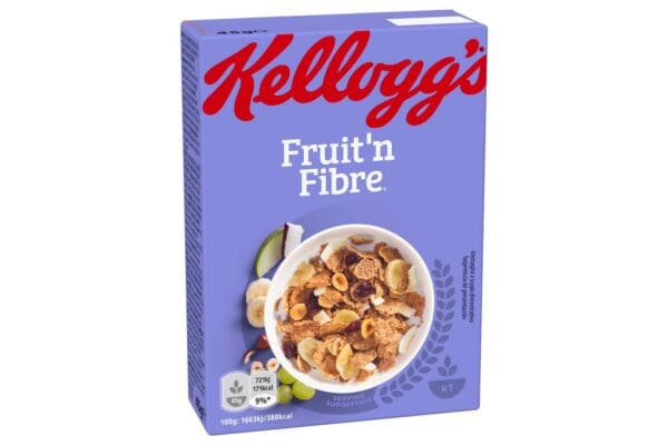 A box of Corn Flakes Cereal 40x45g displaying a bowl of cereal with fruits on the front.