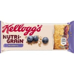 Kellogg's Nutri-Grain Bars Blueberry 25x37g packaging featuring the product alongside fresh blueberries and grains.