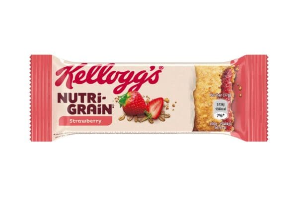 A Kellogg's Nutri-Grain Bars Strawberry 25x37g packaging featuring product details and an image of the bar with strawberries.