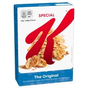 Box of Kellogg's Special K Portion Pack 40x30g, featuring multigrain flakes made with wholegrain wheat, rice, and barley on a white and blue package with red logo.