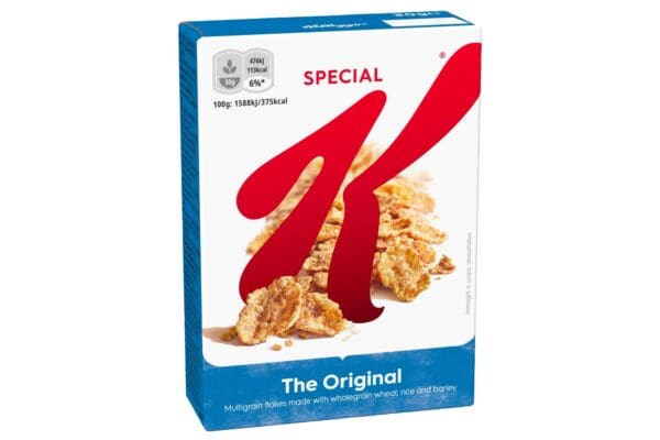 Box of Kellogg's Special K Portion Pack 40x30g, featuring multigrain flakes made with wholegrain wheat, rice, and barley on a white and blue package with red logo.