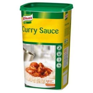 A container of Knorr Curry Sauce Mix 5L, featuring an image of curry and rice on the label.