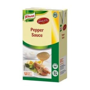 A bottle of Knorr Garde d'Or Pepper Sauce 1L, showing an image of a dish with the sauce drizzled over food on the front.